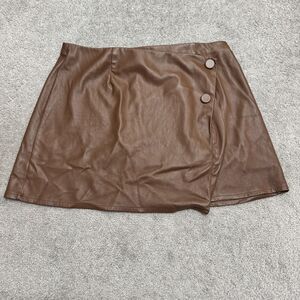 The Drop Faux Leather Wrap Skort Womens Large Brown Asymmetrical Button Mini